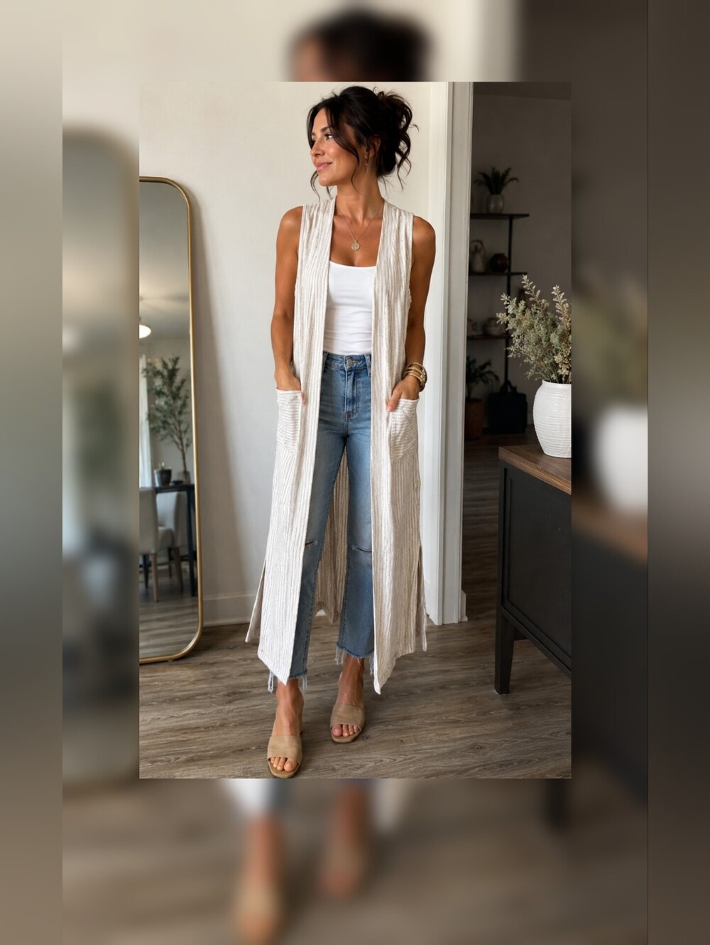 Coin 1804 Cream Striped Stripe French Terry Long Duster S